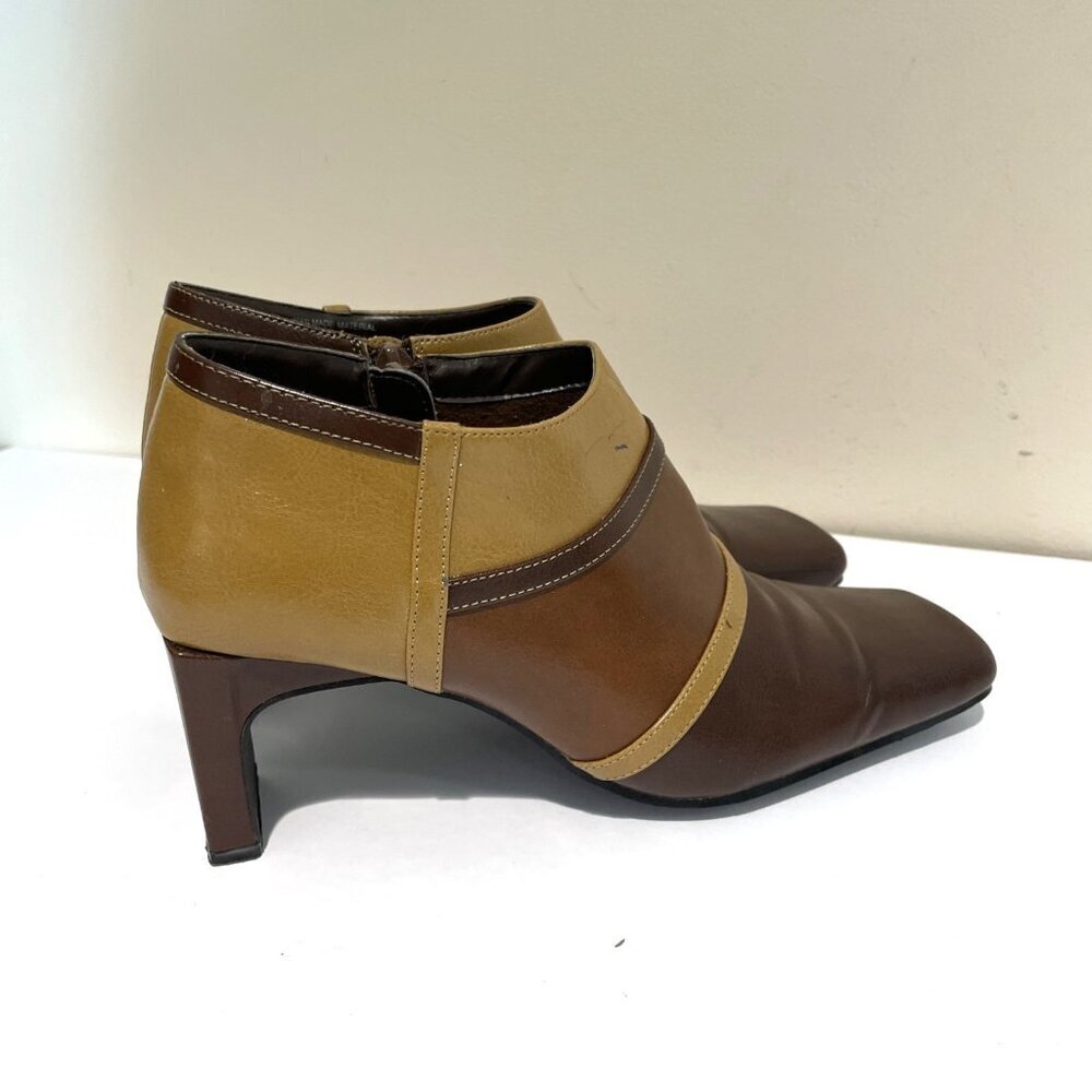 VTG Retro New York Transit Patchwork Booties Shoe Faux Leather Size 7 Brown Boho